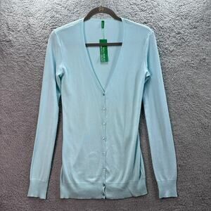 Benetton NWT Women's XL Light Blue Long Sleeve V-Neck Fitted Cardigan Classic